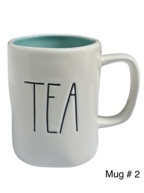 Rae Dunn TEA Mug White Teal Interior Black Large Letter Dimples NWT 2017 OG